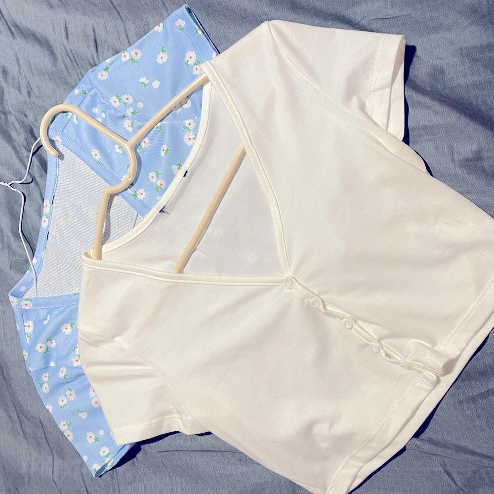 Two Short Sleeve Crop Tops - Floral Blue and White Worn 1x ONLY